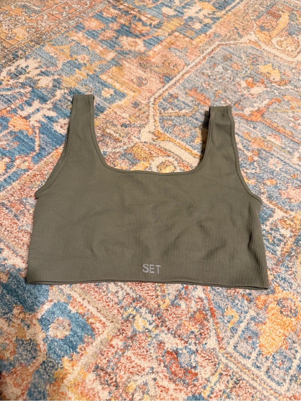 SET Active Olive Green Ribbed Scoop Neck Sports Bra